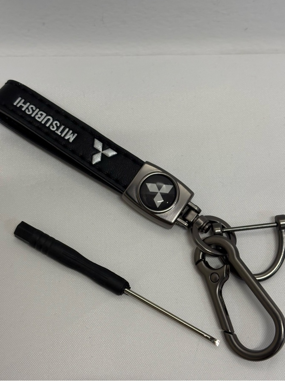 Mitsubishi Black Leather Keychain with Metal Hardware